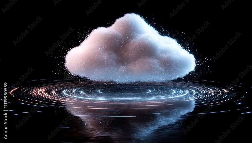 Poster a stylized cloud reflecting on water, creating ripples and a serene atmosphere.