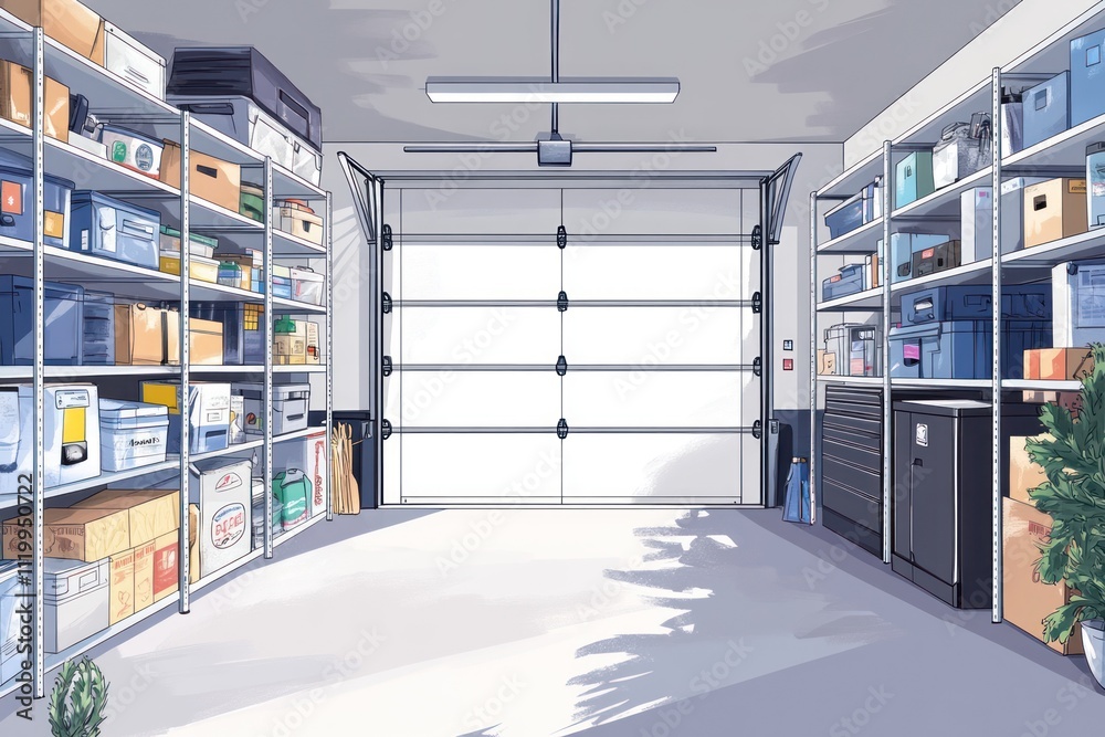 Poster a tidy garage with organized shelves and a large door, ideal for storage and workspace.