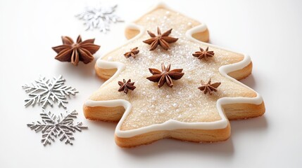 Festively decorated cookie shaped like a Christmas tree features star anise and cinnamon sprinkles against a clean white backdrop