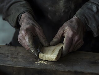 Closeup portrait of strong male hands shaving piece of wood with plane tool in carpenters workshop making furniture