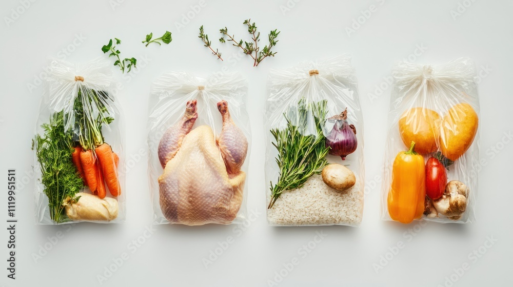 Poster Four bags containing fresh ingredients for meal preparation, including chicken and vegetables.