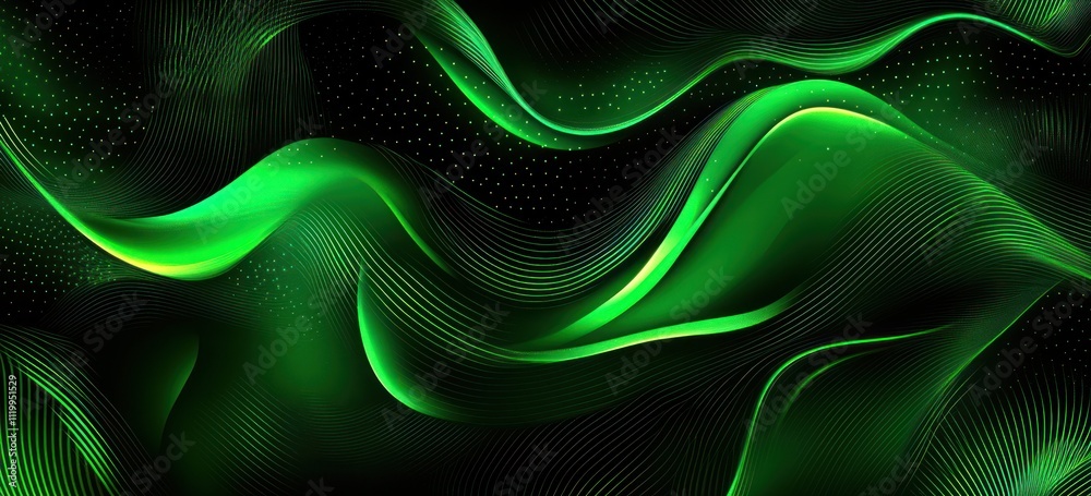 Poster Abstract green waves on a dark background, creating a smooth and dynamic visual effect.