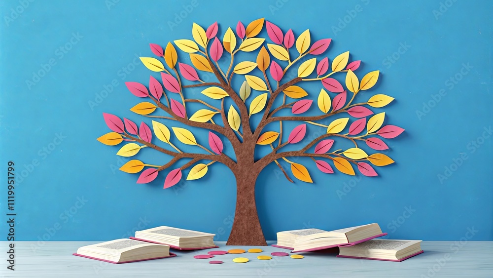 Poster a tree made of paper is on a blue background