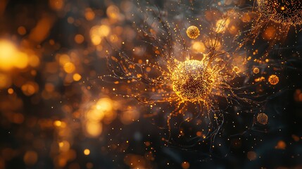 A close-up of golden, luminous neural or fungal networks with glowing orbs and particles against a dark backdrop.