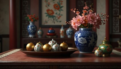 Asian Decor Table Setting with Flowers and Ornaments