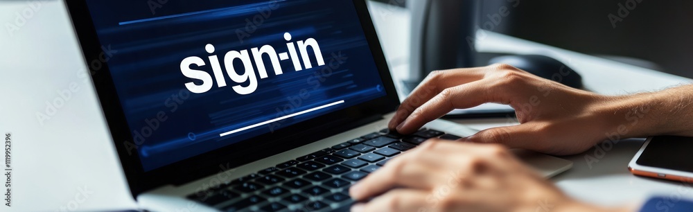 Poster a person typing on a laptop displaying a sign-in screen, indicating online access.