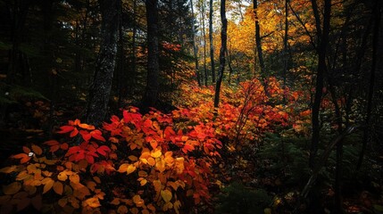 Autumnal Forest Path: A Symphony of Red and Gold