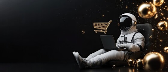 Astronaut online shopping on laptop.