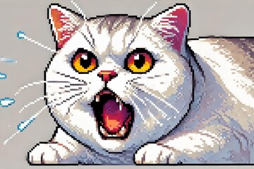 Cartoonish Pixel Art of a White British Shorthair Cat Expressing Anger