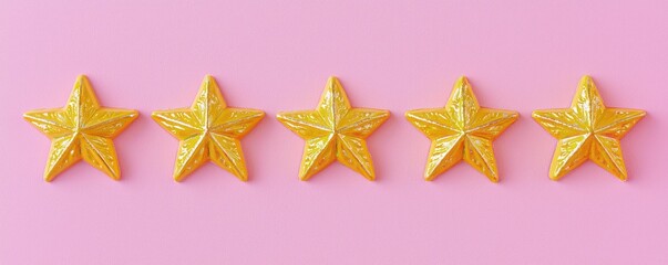 A collection of five yellow star shapes arranged on a pink background, perfect for decoration and symbolizing success.