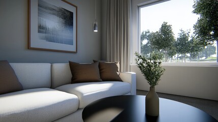 Fototapeta premium Bright and inviting living room showcases a large white corner sofa, stylish coffee table, and contemporary fixtures with calming decor