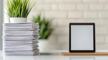 Fototapeta premium A minimalist workspace featuring a stack of papers, a blank photo frame, and a potted plant on a table against a brick wall.