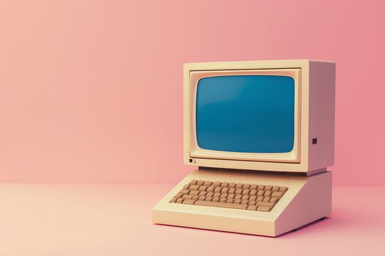 Retro beige computer on a pink background.  A nostalgic image of vintage technology.