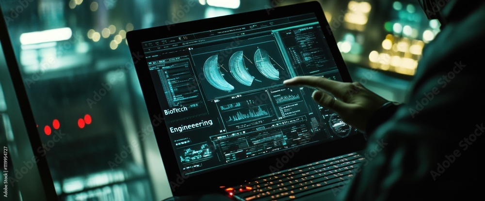 Poster A person interacting with a high-tech interface displaying engineering data.