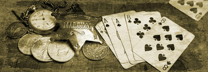 Simulated distressed old photograph The Dead man's hand . Aces and two Eights, named after Wild Bill Hickok who was killed with it in 1876, Deadwood, Dakota Territory, USA	