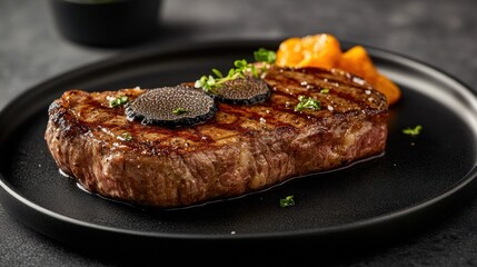 Grilled steak with truffle and sweet potato puree on a dark plate.