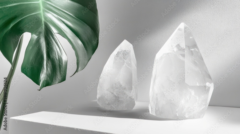 Poster two clear quartz crystals beside a large green leaf on a minimalistic display.