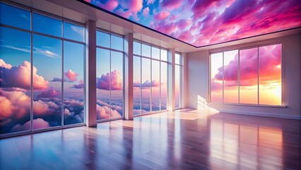 Fototapeta premium Empty room with panoramic sunset view and cloud ceiling