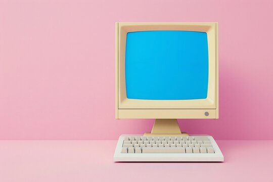 Retro beige computer with a vibrant blue screen against a pastel pink background.  A nostalgic digital aesthetic.