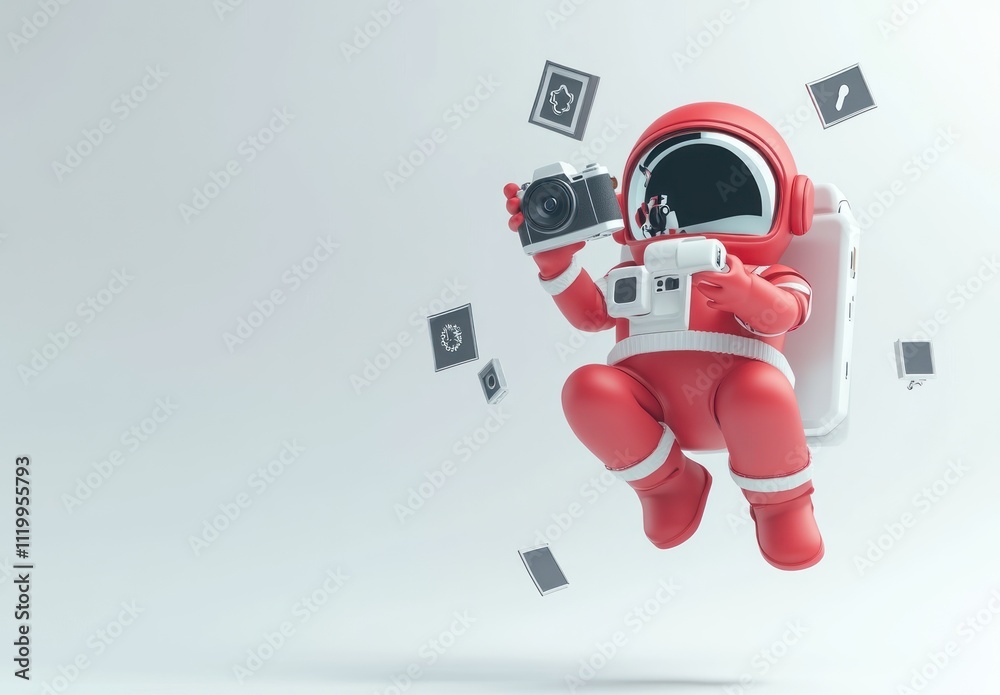 Aufkleber a playful astronaut in a red suit holds a camera, surrounded by floating icons.
