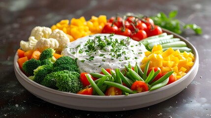 A Close-Up Photo of a Colorful Platter with Raw Vegetables and Hummus for a Healthy Snack