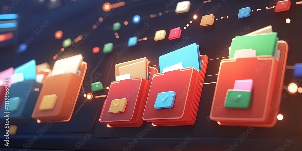 Poster abstract futuristic network grid with files and folders concept depicting digital data management an