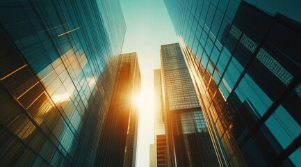 A sleek, modern skyscraper with glass facades reflecting the sun's rays and surrounding buildings
