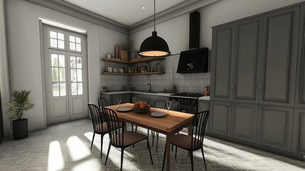 Obraz premium Sunlit kitchen with wooden dining table, gray cabinets, and French doors.