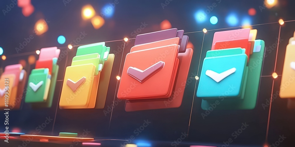 Poster abstract representation of a colorful grid network showcasing files and folders with a futuristic de