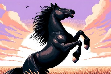 Close-Up Pixel Art of a Rearing Black Horse in Vibrant Cartoon Style