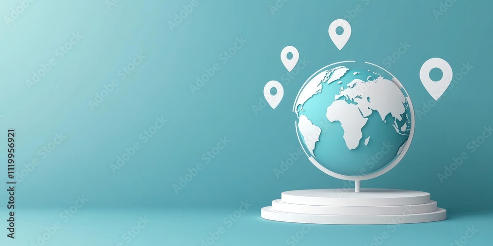 Poster a stylized globe with location markers on a blue background, symbolizing travel and exploration.