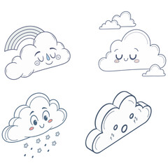 cloud icon. Flat cloud. Simple cloudy shapes. Cartoon white puffy, fluffy, and cumulus clouds in the sky