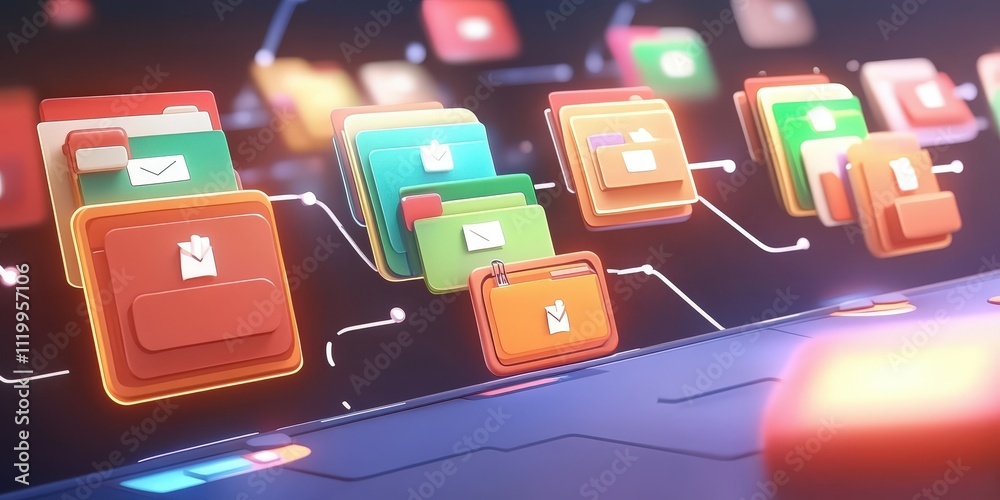 Poster abstract futuristic network grid with colorful files and folders representing data management in dig