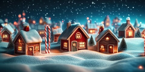 Fototapeta premium Stunning 3D Render of a Magical Christmas Village Filled with Cozy Houses, Candy Canes, Glowing Windows, and a Serene Snowy Landscape at Night