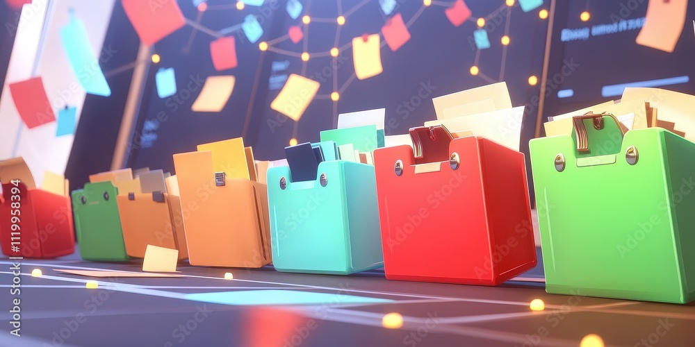 Poster futuristic abstract network grid with colorful files and folders representing data organization and 