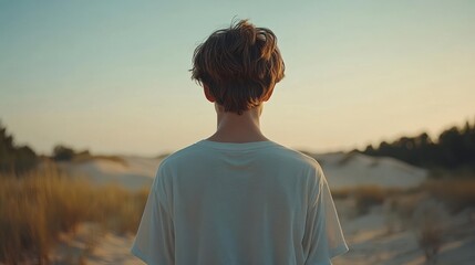 Fototapeta premium A person standing on sand dunes at sunset, contemplating nature's beauty.