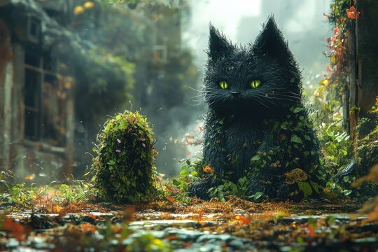 Enchanted forest creatures: black cat and hedgehog in overgrown mystical ruins