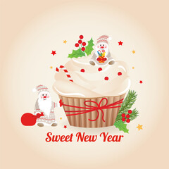 New year delicious cupcake with whipped cream and cute cnomes. Vector greeting card in cartoon style.