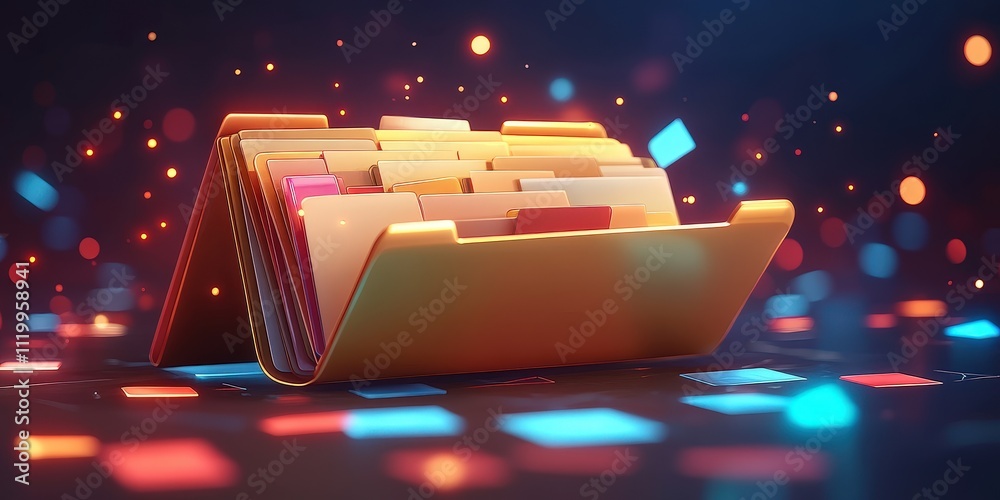Poster futuristic abstract network grid design featuring colorful files and folders on a digital background