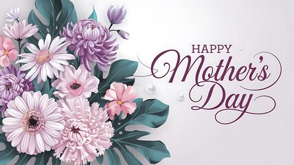 Elegant Mother’s Day Greeting Card with Pastel Flowers, Green Leaves, and Stylish Purple Script on a White Background