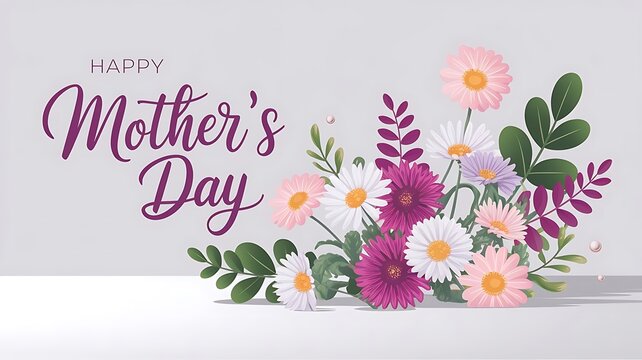 Elegant Mother’s Day Greeting Card with Pastel Flowers, Green Leaves, and Stylish Purple Script on a White Background