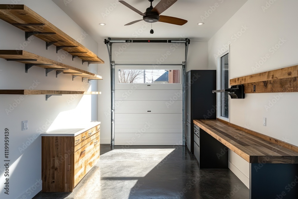 Poster a modern garage interior with shelves and workspaces, designed for organization and functionality.