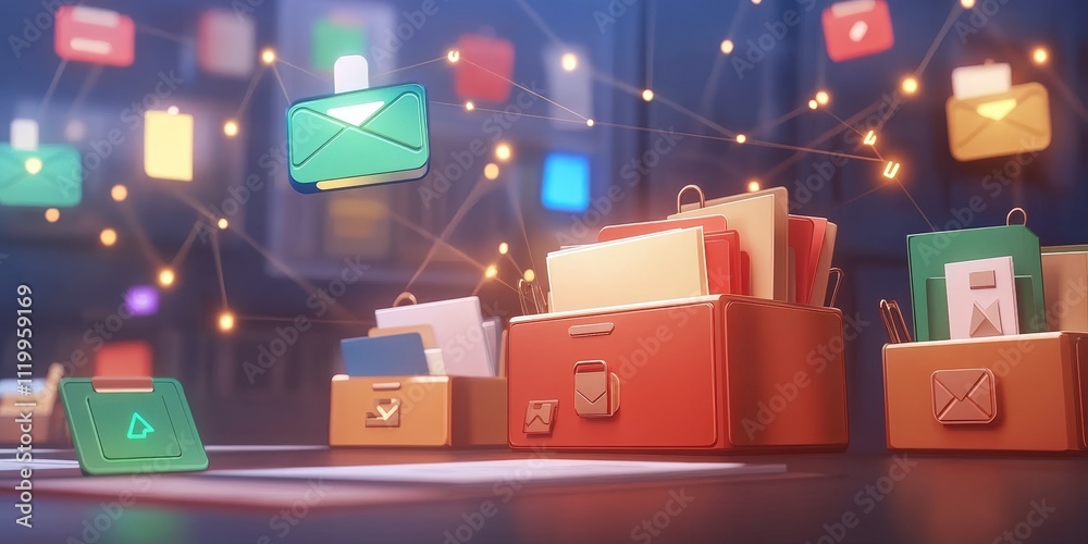 Poster futuristic abstract network of files and folders connected in a digital grid with colorful icons rep