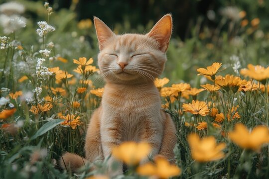 Content ginger cat relaxing in a field of yellow and white flowers
