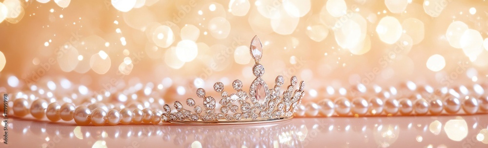 Poster A sparkling tiara rests on a string of pearls against a soft, bokeh background.