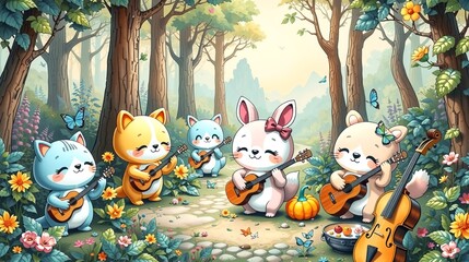 Fototapeta premium Kawaii forest with cartoon animals playing musical instruments in pastel colors, surrounded by watercolor foliage