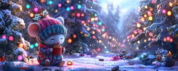 A cute mouse in a knitted hat sipping cocoa in a snowy forest adorned with colorful lights.