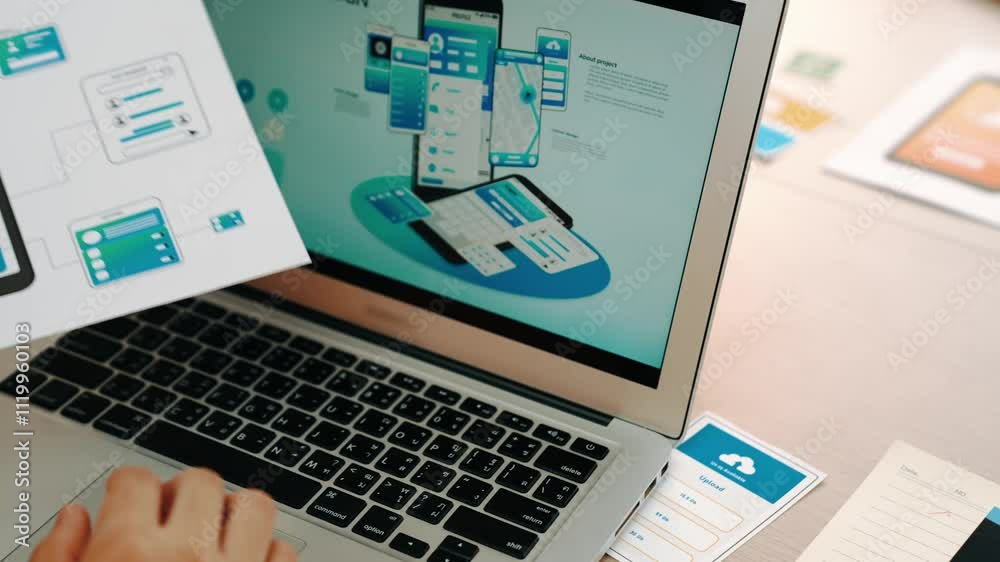 Poster panorama video of startup ux developer or company employee using laptop design user interface or ui 