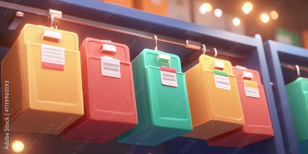 Poster futuristic abstract grid network design with colorful files and folders hanging in a modern digital 