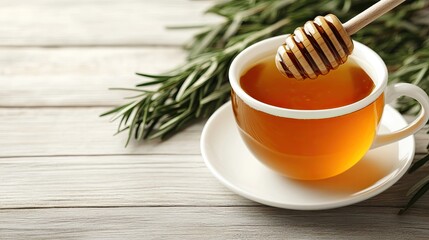 Fototapeta premium Warm herbal tea crafted from fresh mint leaves sits alongside a jar of honey on a white wooden table, promoting wellness and relaxation